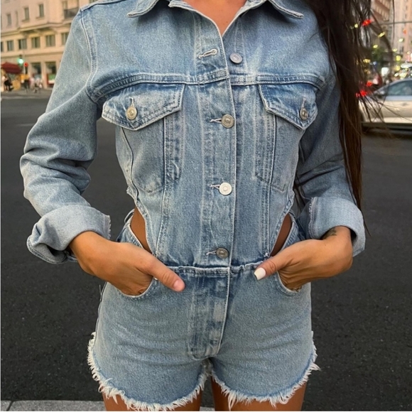 Zara cut out denim short blue wash jumpsuit - Picture 4 of 16
